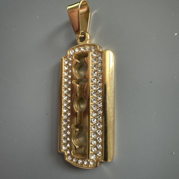 Blade Pendant Gold Plated Cubic Zirconia Stainless Steel 24 Inch Chain Razor - Picture 2 of 6
